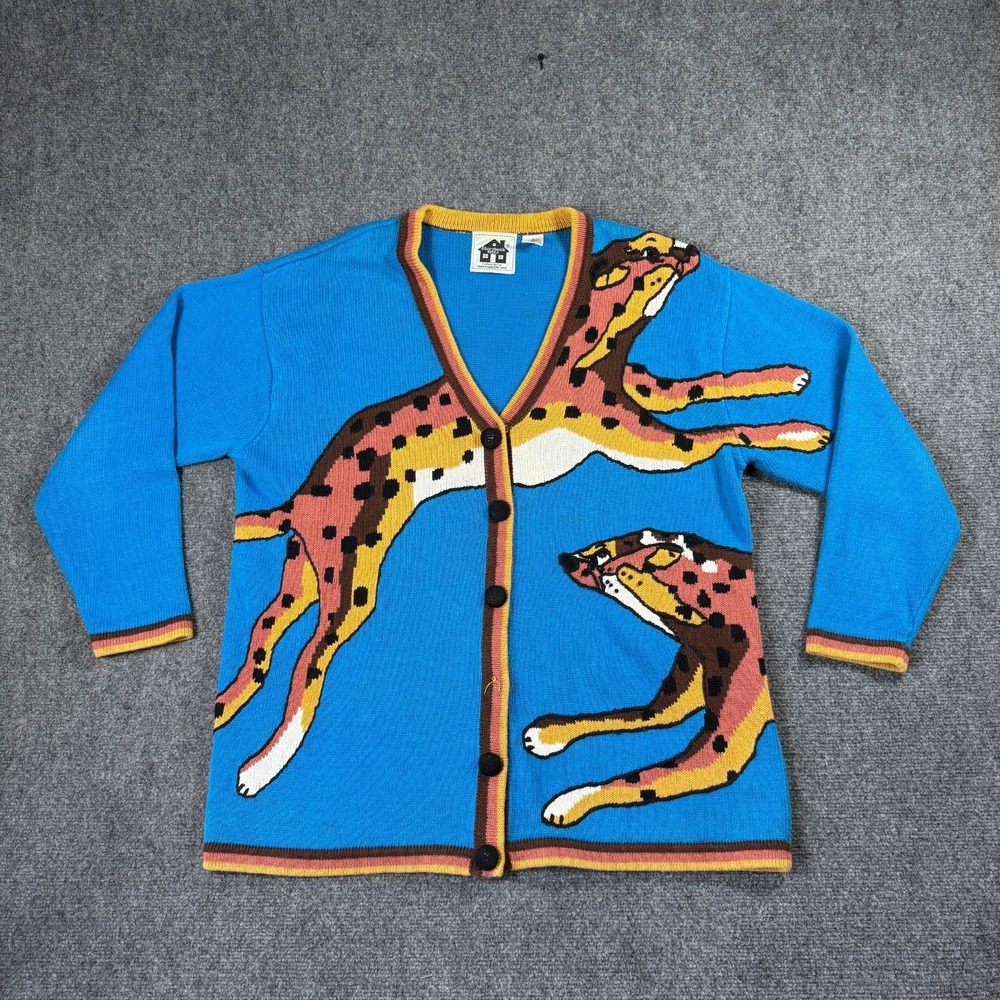 VTG Storybook Knits Sz 1X Leaping Cheetah Cardigan Sweater Teacher 90s Vibrant